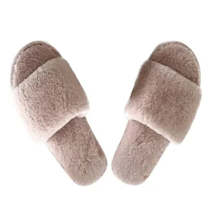 Women’s Cozy Open Toe Spa Slide Slippers Comfy Fuzzy Faux Fur with One Strap for Winter