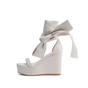 Women’s Cream Platform Wedge Heel Sandals with Ankle Tie Bow Open Toe Elegant Fashion Shoes