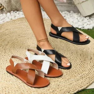 Women’s Criss Cross Slingback Flat Sandals Open Toe Faux Leather Casual Summer Beach Shoes