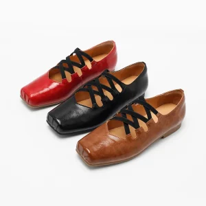 Women’s Crisscross Elastic Strap Leather Ballet Flats Square Toe Casual Slip On Shoes Genuine Leather