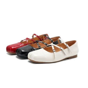 Women’s Crisscross Multi Strap Mary Jane Flats Buckle Leather Casual Ballet Shoes Genuine Leather