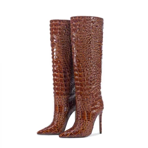 Women’s Croc Handmade Brown Knee High Boots Autumn Western Style Pointed Toe Chunky Heel Spring Winter Riding Slip Height