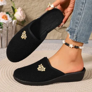 Womens Cross Border Winter Head Canvas Upper Chunky Soled Embroidered Slip On House Comfortable Fashionable