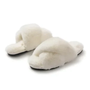 Women’s Cross Slippers Slides Fuzzy Fluffy Slip On House Shoes Furry Open Toe Fur Soft Plush Faux Fur Indoor Slippers