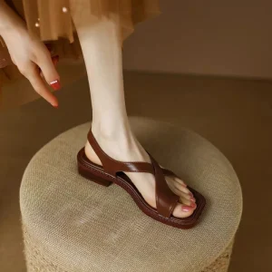 Women’s Cross Strap Roman Sandals Retro Brown Solid Color Open Toe Flat Bottom Sandals