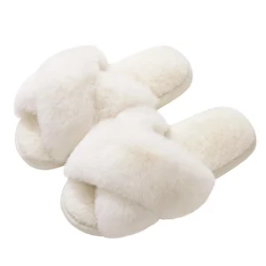 Women’s Cross Style Indoor Winter Slippers Plush Cotton Open Toe Flat Cushioned Floor Anti Slippery Warm Fur Style