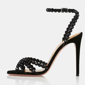 Women’s Crystal Ankle Strap Sandals Jeweled Scallop Stiletto Heels Embellished Evening Sandals OEM