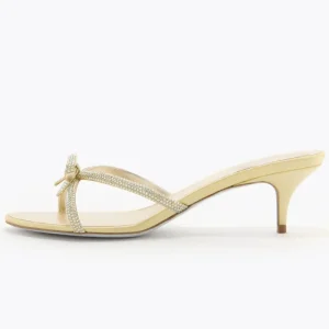 Women’s Crystal Bow Kitten Heel Mules Rhinestone Strap Bow Embellished Slip On Sandals Round Toe OEM