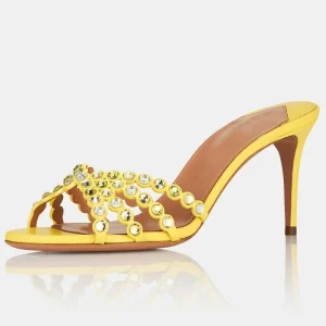 Women’s Crystal Embellished Mule Heels Scallop Multi Strap Jeweled Slide Sandals OEM Custom