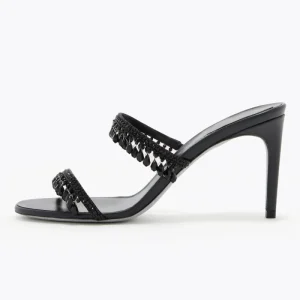 Women’s Crystal Fringe Mule Heels Double Strap Drop Bead Tassel Sandals Open Toe Stiletto OEM Custom