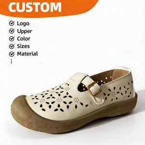 Women’s Custom T-Strap Mary Jane Shoes Synthetic Leather Easy Clean Floral Cutout Breathable PVC Sole Comfortable Flats Sandals