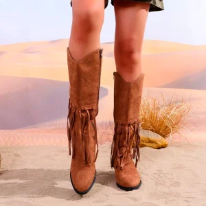Women’s Custom Western Fringe Cowboy Boots in Leather Denim Brown Business Marin Shoes