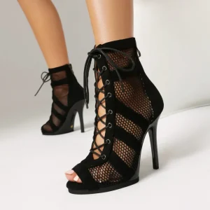 Women’s Customizable Latin Dance Shoes Breathable Mesh Ankle Boots for Ballroom Tango Salsa with Adjustable Laces