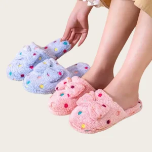 Women’s Cute Autumn Bow Warmth Thick Plush PVC Non Slip Soft Bedroom Floor Winter Home Plush Slippers