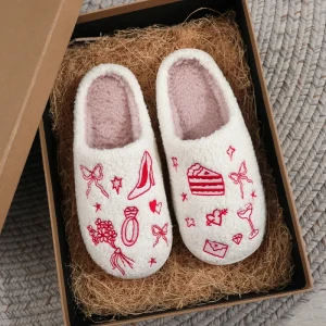Women’s Cute Embroidered Plush Home Cozy Winter Autumn Indoor Style with TPR Midsole and Outsole