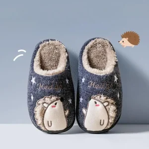 Women’s Cute Hedgehog Design Fur Lined Animal Slippers Fuzzy Embroidered Furry Indoor Hedgehog Slippers