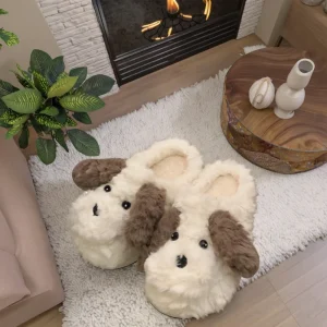 Women’s Cute Long Eared Puppy Design Toe Spring Winter Soft Soled EVA Fur Fashion Trend Shoes Home Use Warm Indoor Postpartum