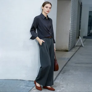 Women’s Dark Grey High Waisted Wide Leg Pants Striped Pleated Front Belted Office Casual Trousers