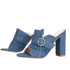 Women’s Denim Open Toe High Heels Slippers Chunky Mules for Casual Party Sexy Design for Autumn Spring Summer