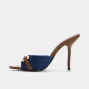 Women’s Denim Open Toe Stiletto Mules Gold Horsebit Detail High Heel Slide Sandals Fashion Ladies Office Daily Dress Shoes