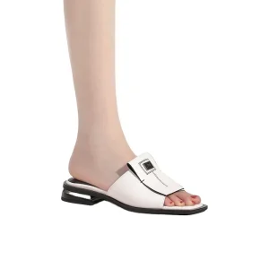 Women’s Designer Square Toe Flat Slide Sandals for Ladies Fashion Slip on Mules for Girls