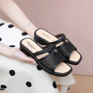 Women’s Designer Summer Beach Sandals Slippers Fashion Mid Heel Thick Sole Slides for Women Ladies