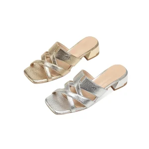 Women’s Designer Summer Fashion Square Open Toe Slide Sandals Barefoot Sexy Mules with Low Heel for Ladies and Girls