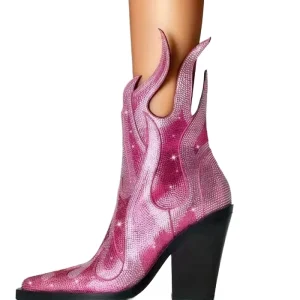 Women’s Diamond Ankle Boots Super High Chunky Heel Pointed Toe Short Boots Zip Closure for Autumn Winter Western Style