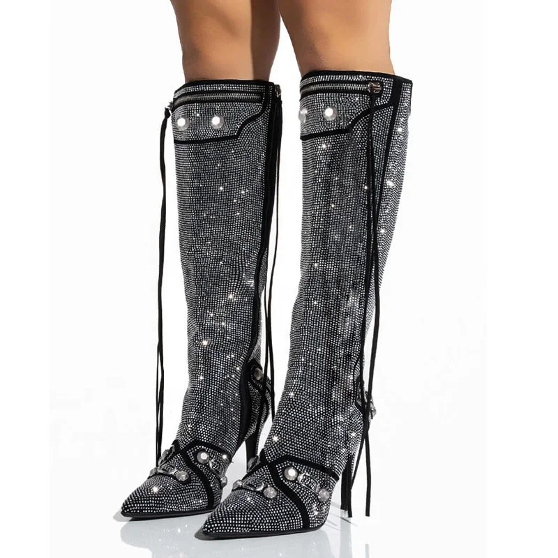 Women’s Diamond Embellished Pointed Toe High Heel Boots Zip Knee High Crystal Fashion Rhinestone Rivets Boots for Women