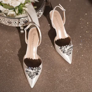 Women’s Diamond Party Satin Wedding Sandals Crystal Buckle E White Bridesmaid Bride Shoes