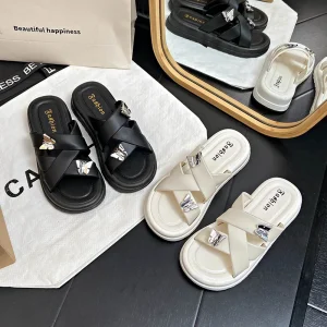 Women’s Double Butterfly Flat Bottom Beach Sandals One Character Slippers Wear Resistant Non Slip Cross Ladies