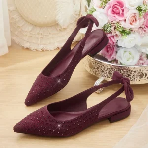 Women’s Dress Flats Rhinestone Pointed Toe Slingback Flat Shoes with Bow