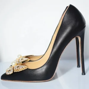 Women’s Dress Pumps New Design Black Stiletto Thin Heeled Pointed Toe Shoes with Big Butterfly Buckle for Summer