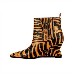 Women’s Dual Tone Tiger Stripe PU Chelsea Boots Pointed Toe Sculptural Wedge Heel Wide Elastic Winter Ankle Shoes