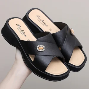 Women’s Durable Soft Slide Beach Sandals Non Slip High Heel Home for Slippers Fashionable for Ladies