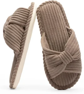 Women’s EVA Midsole TPR Outsole Open Toe Corduroy Bow for Home Bedroom Bathroom Spa Use