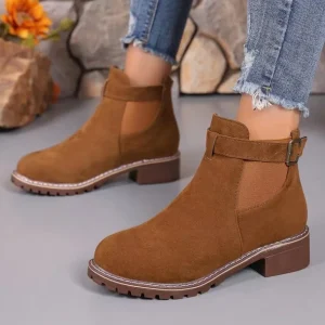 Women’s Elastic Belt Ankle Boots European American Style Square Heel Short Design Comfortable Shoes