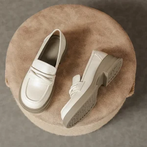 Women’s Elegant Ballet French Loafers with Soft Soles Summer British Slip On Thick Soled Leather Shoes Fashion Toe Style