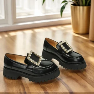 Women’s Elegant Ballet Slip-On Leather Loafers Diamond Buckle Head Thick Heels British Style Plaid Pattern Eco-Friendly Rubber