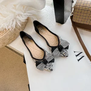 Women’s Elegant Black Flat Shoes Pointed Rhinestone Bow PU Sneakers Loafers Winter Wedding Parties Summer Casual Anti-Slip