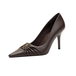 Women’s Elegant Brown PU Leather Pumps Comfortable Pointed Toe Stiletto Heels with Gold Buckle for Office & Dress Wear