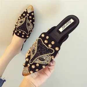 Women’s Elegant Classic Preppy Mules Shoes Slip On Sparkle Fashion Pointed Flat Design Solid Height Increase Rhinestone Rivet
