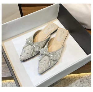 Women’s Elegant Classic Preppy Mules Shoes Solid Height Increase Slip On Flat Design with Sparkle Rhinestone Rivet Pointed Toe