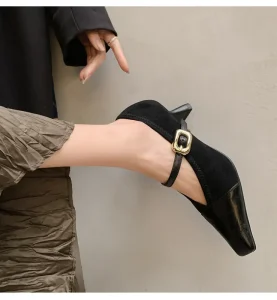 Women’s Elegant Formal Office Work Dress Pumps Thin Heels Solid Genuine Leather Buckle Strap Trendy Breathable Bridal Styles