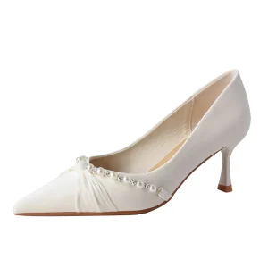 Women’s Elegant High Heel Pointed Thin Heel Single Shoes 3356 1 Kink Pearl Xiuhe Wedding Satin Sheepskin Slip On Mixed for