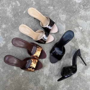 Women’s Elegant High Heeled Sandals Ladies Banquet Sexy Slippers with Sequin Mules Shoes for Women