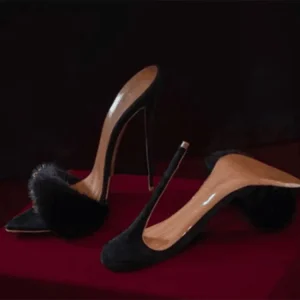 Women’s Elegant High Heels with Pointed Toe Fashion Trend Summer Slip on Sandals Sexy Slides with FUR Closure