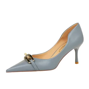 Women’s Elegant Metal Belt Buckle Pointed Toe Shallow Dress Shoes Slip-On High Heel Pumps for Ladies
