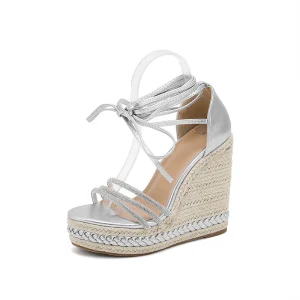 Women’s Elegant Open Toed Wedge Heel Lace Up Woven Summer and Autumn High Heeled Sandals