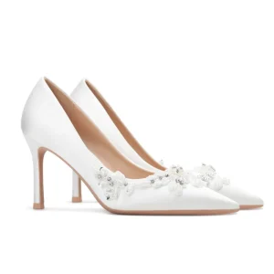 Women’s Elegant Pearl White Wedding Shoes High Heels Bridal Low Heel 6.5cm 8.5cm Pointed Toe Straps Plus Size Summer